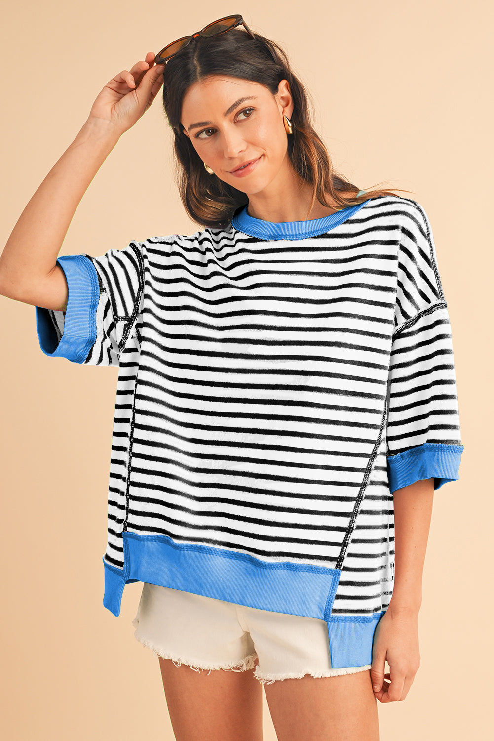 Anna - Horizontaal Gestreept Loose Fit T-shirt met Contrast Trim en Wijde Korte Mouwen