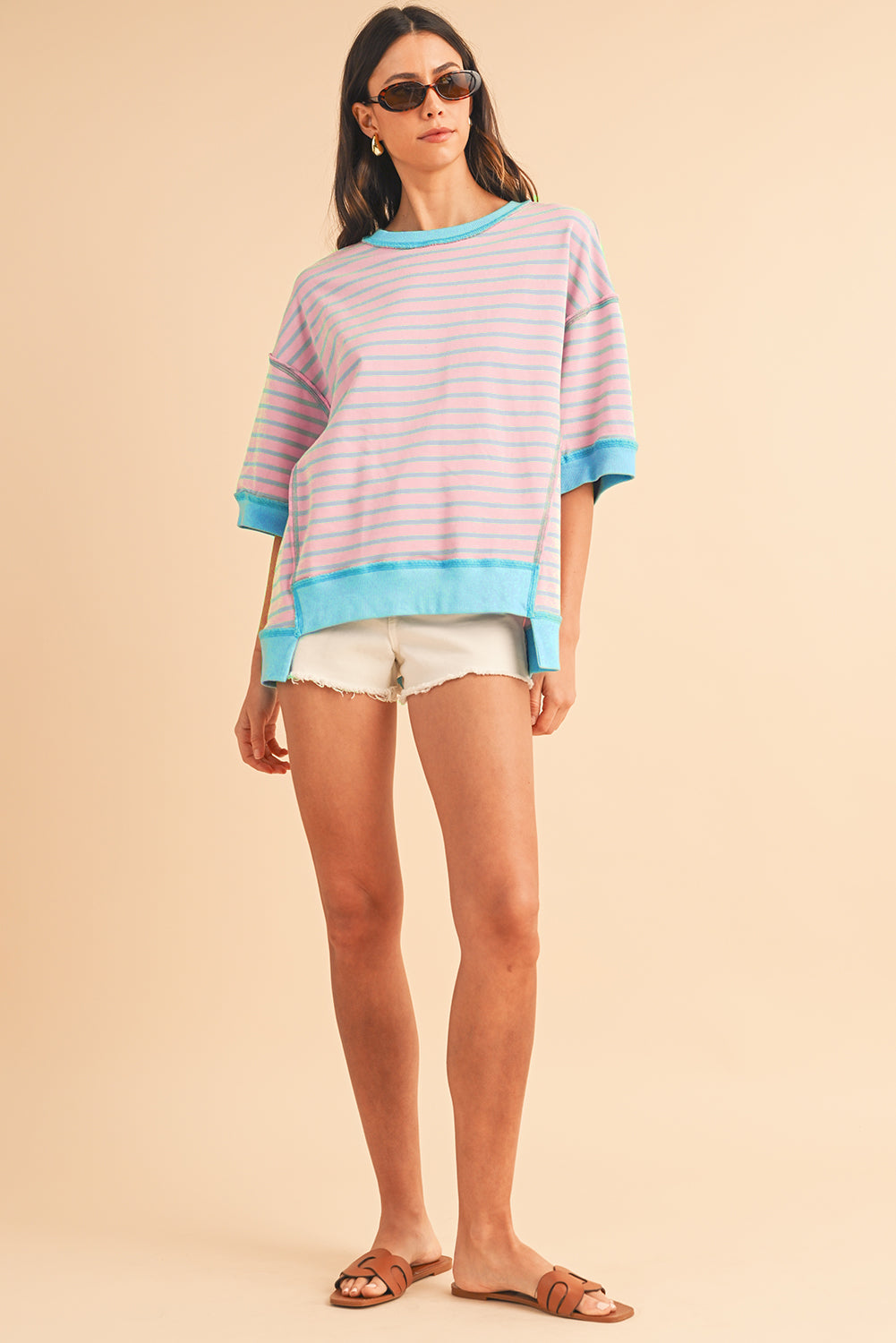 Anna - Horizontaal Gestreept Loose Fit T-shirt met Contrast Trim en Wijde Korte Mouwen
