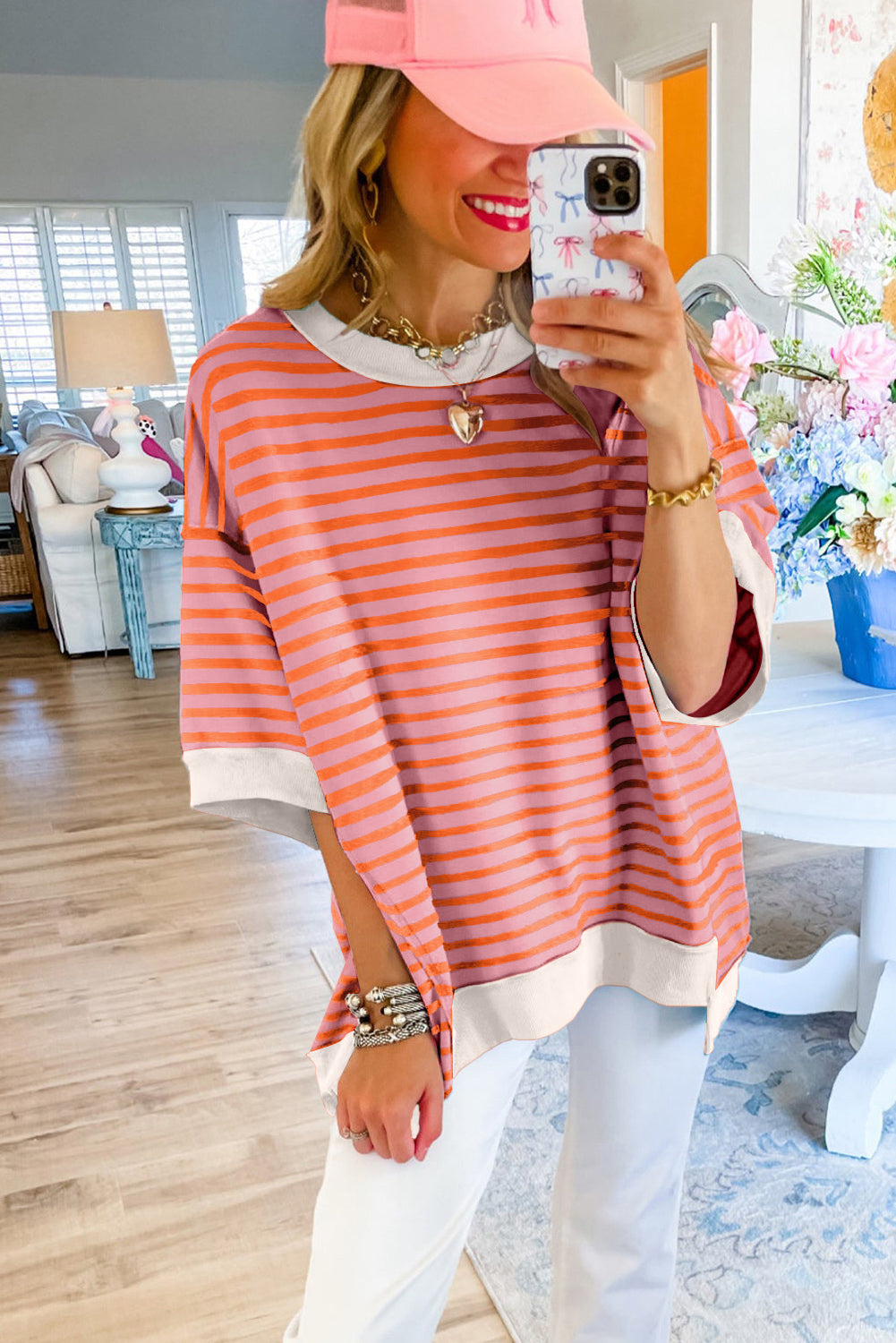 Anna - Horizontaal Gestreept Loose Fit T-shirt met Contrast Trim en Wijde Korte Mouwen