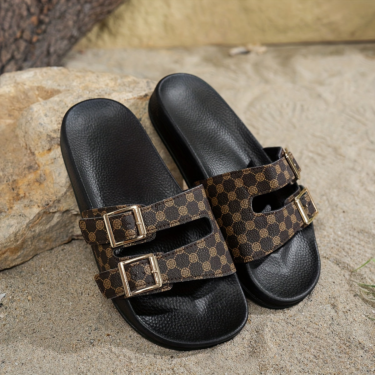 Yara - Verstelbare Modieuze Sandalen Zwart met Bruin Patroon