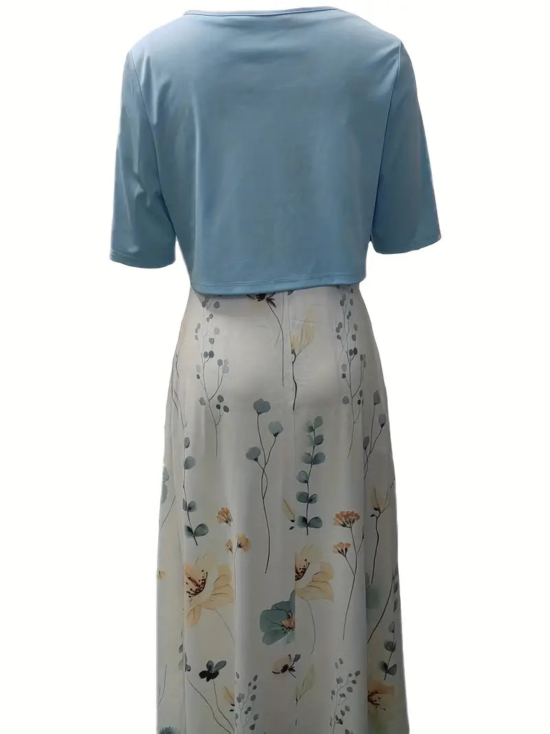 Anna - Elegant Tweedelige Set Effen Kleur Vestje Top en Ronde Halslijn Bloemetjes Jurk
