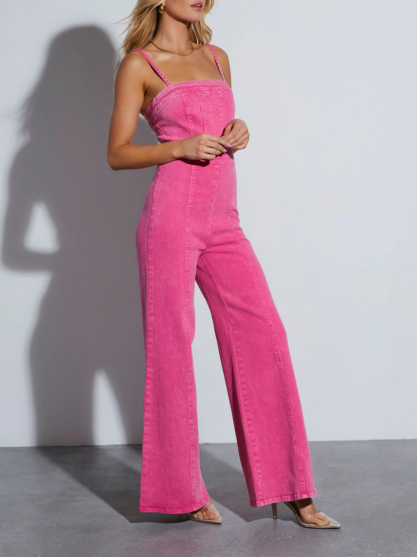 Charlotte - Koraal Kleurige Strapless Denim Jumpsuit