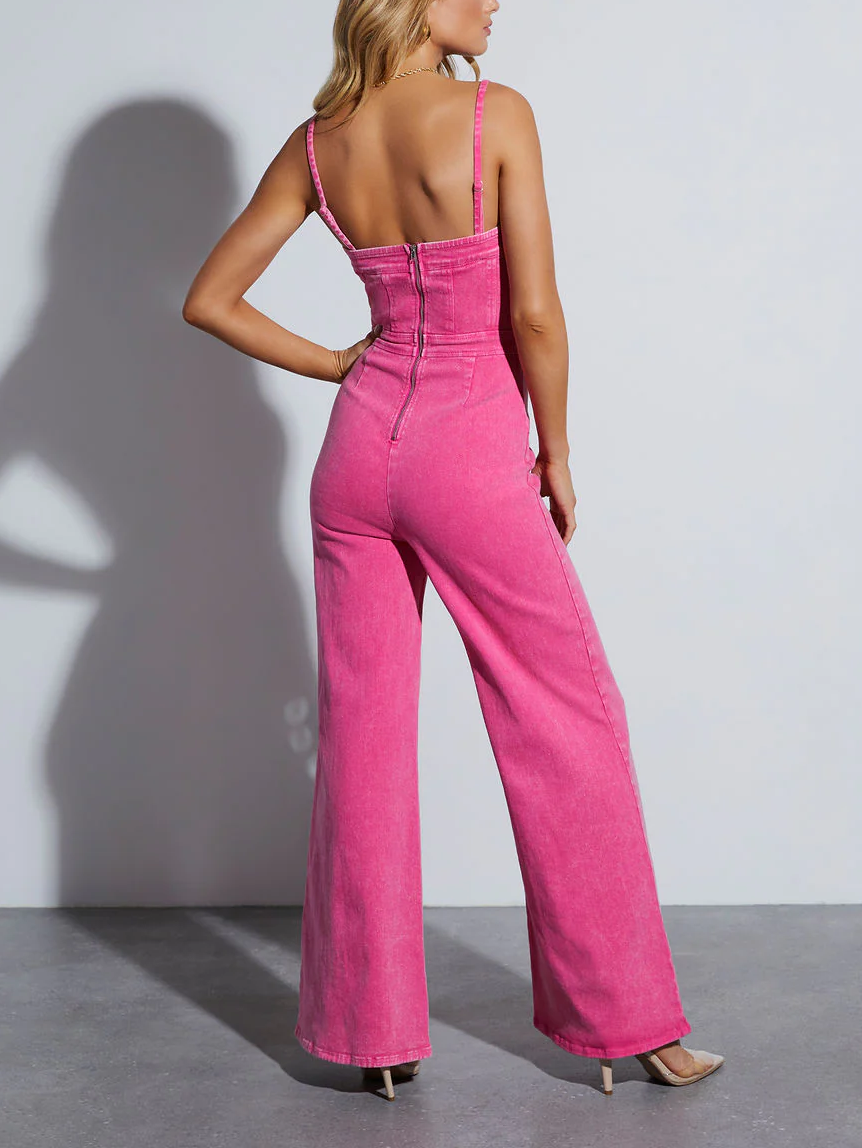 Charlotte - Koraal Kleurige Strapless Denim Jumpsuit