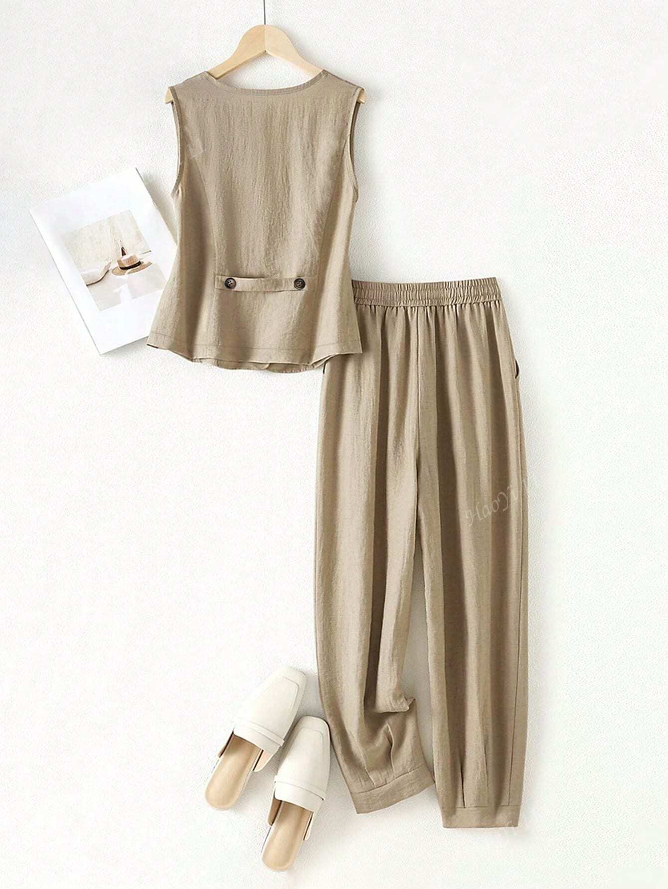 Amenda - 100% Linnen Set van Colbert Top en Touwtjes Hoge Taille Broek