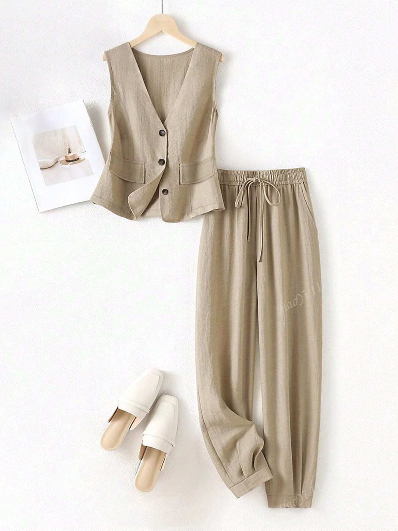 Amenda - 100% Linnen Set van Colbert Top en Touwtjes Hoge Taille Broek