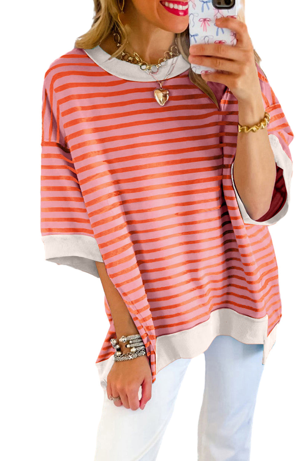 Anna - Horizontaal Gestreept Loose Fit T-shirt met Contrast Trim en Wijde Korte Mouwen