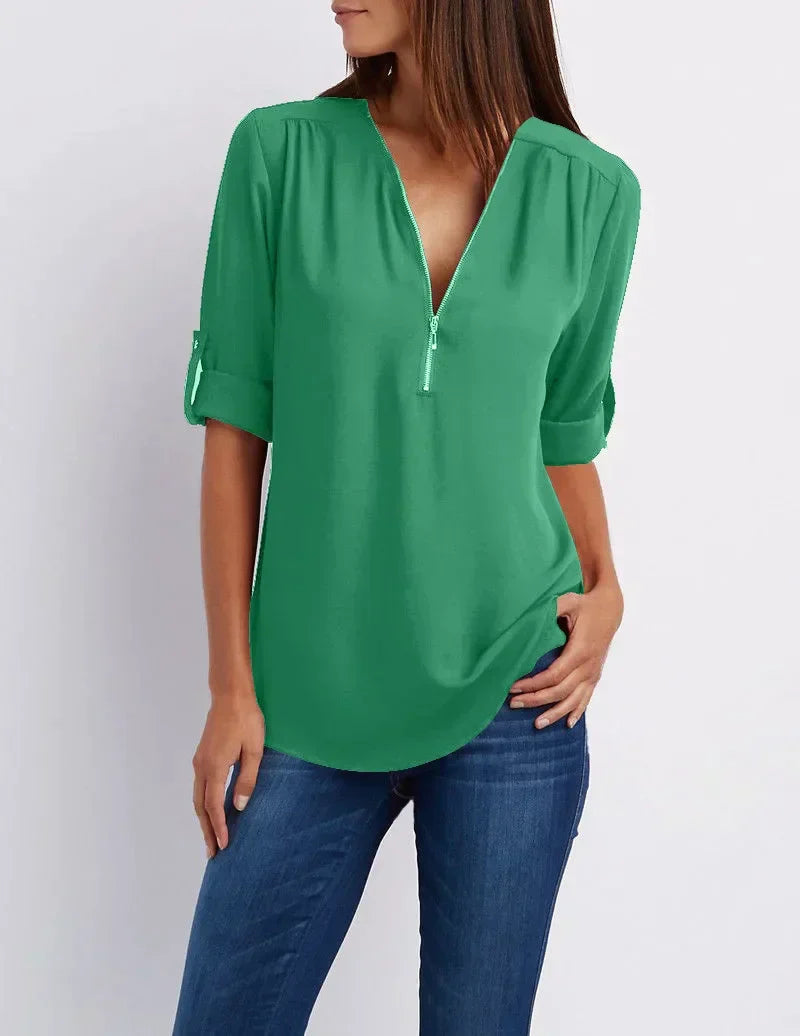 Rowena - Chique V-Hals Blouse met Korte Mouwen
