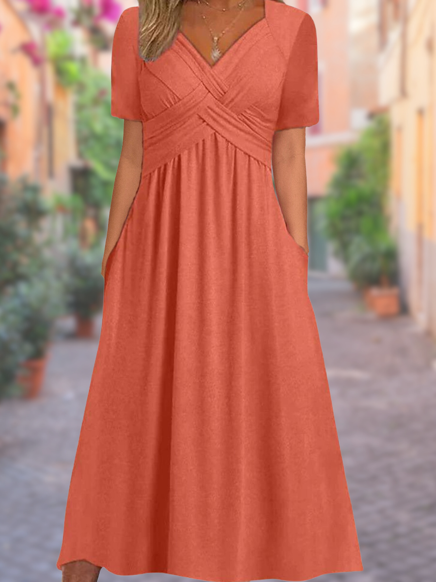 Sophie - V-Hals Faux Wrap Lange Zomer Jurk met Korte Mouwen en Hoge Taille
