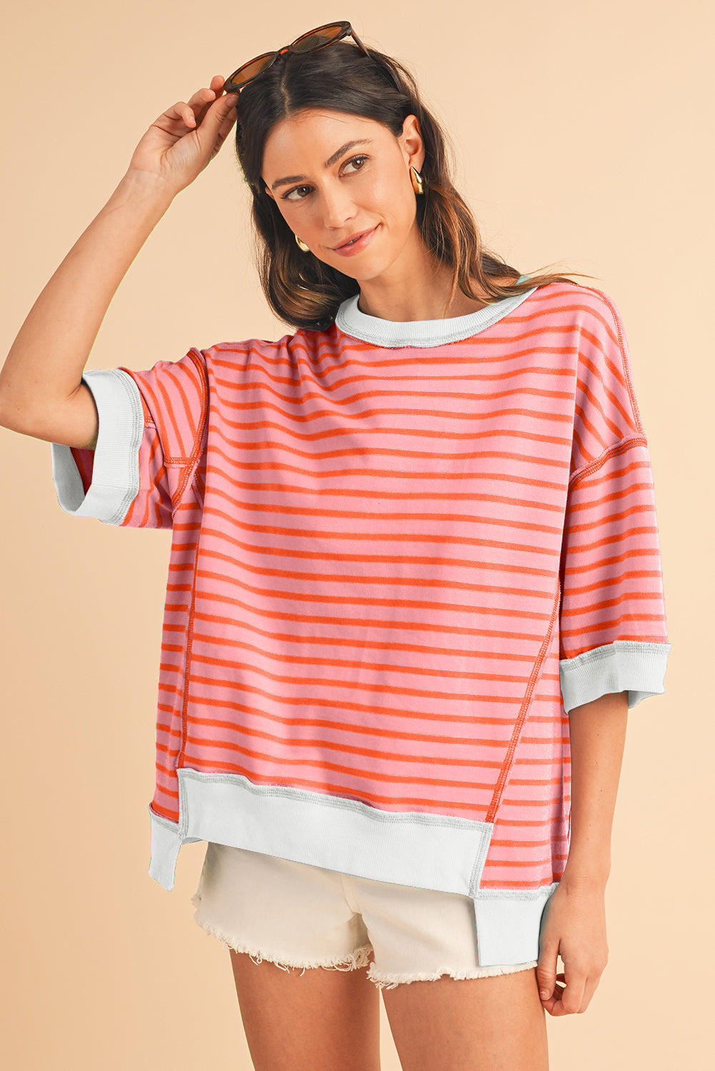 Anna - Horizontaal Gestreept Loose Fit T-shirt met Contrast Trim en Wijde Korte Mouwen