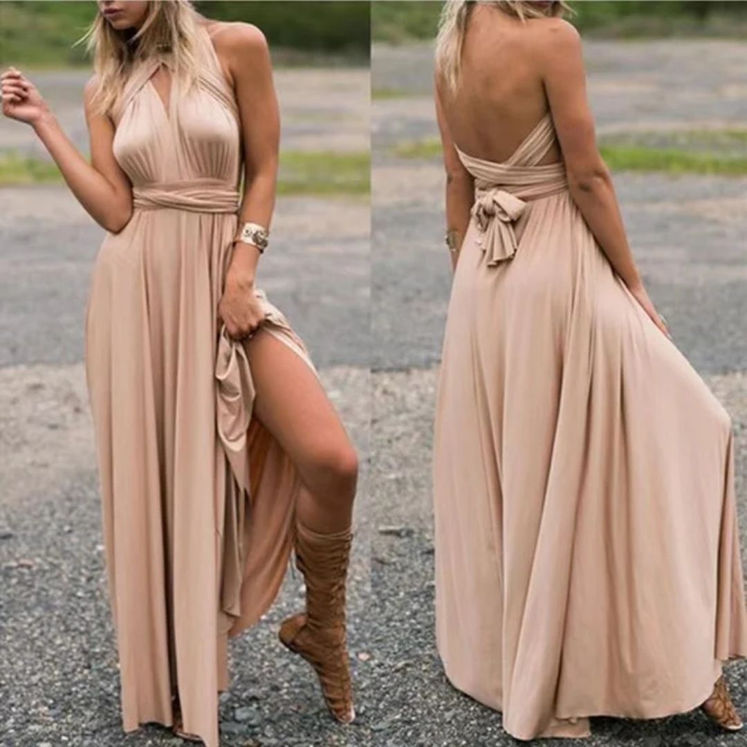 Mila - Nude Halter Maxi Jurk