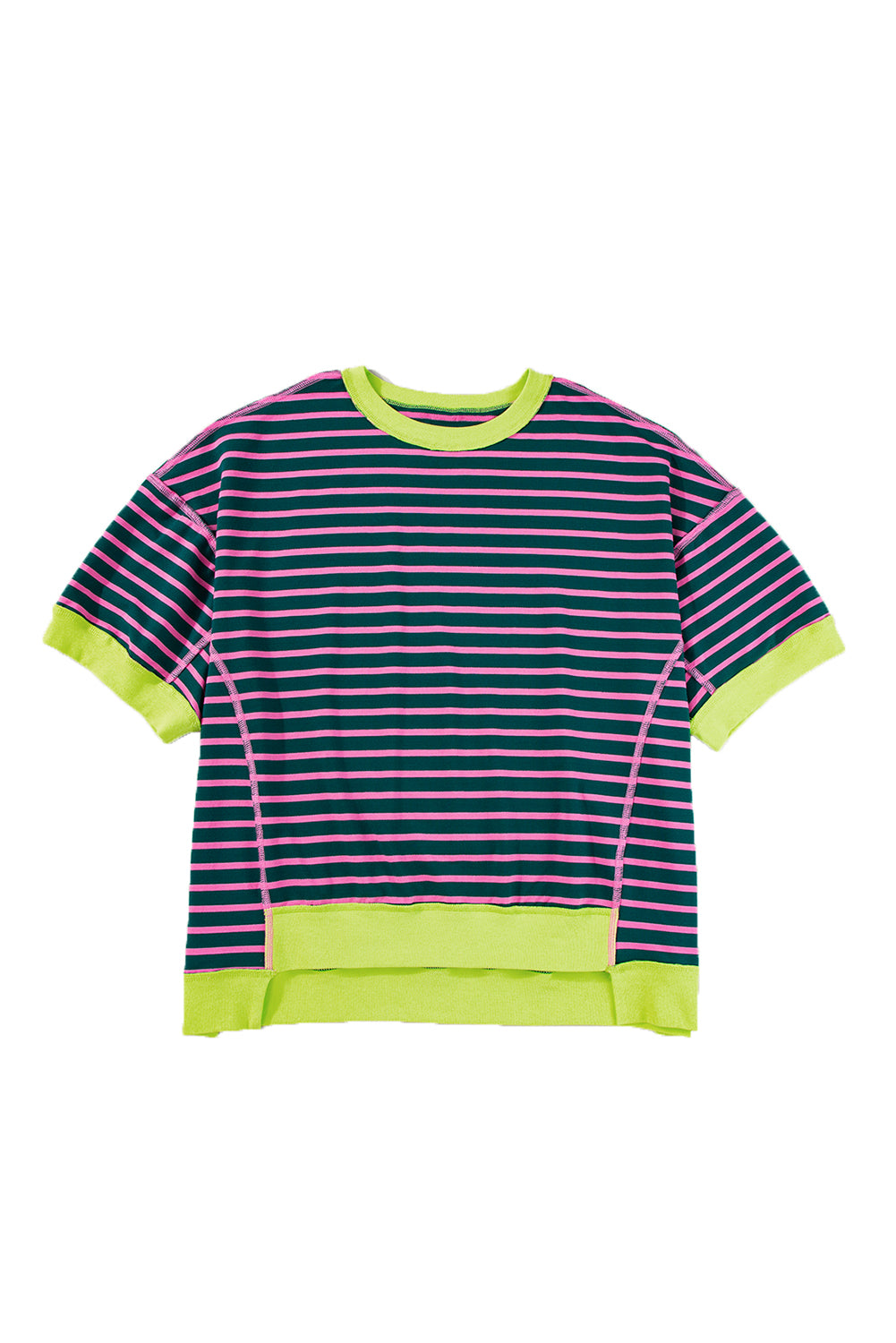 Anna - Horizontaal Gestreept Loose Fit T-shirt met Contrast Trim en Wijde Korte Mouwen