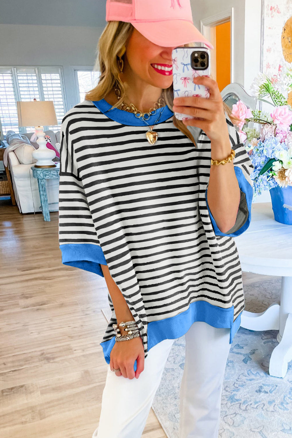 Anna - Horizontaal Gestreept Loose Fit T-shirt met Contrast Trim en Wijde Korte Mouwen