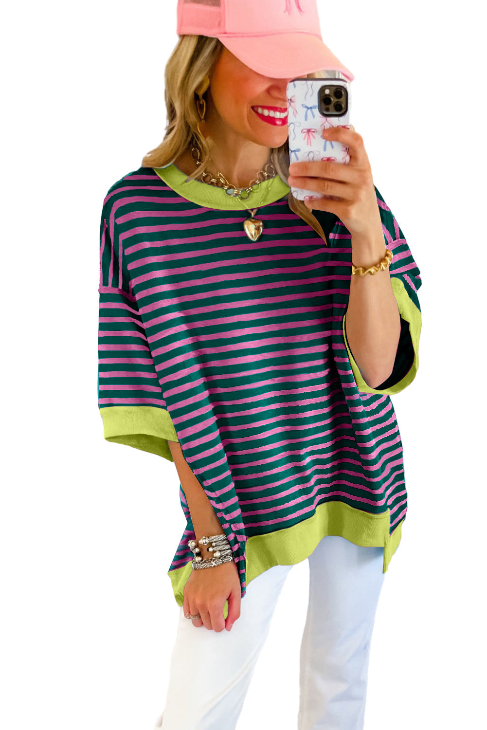 Anna - Horizontaal Gestreept Loose Fit T-shirt met Contrast Trim en Wijde Korte Mouwen