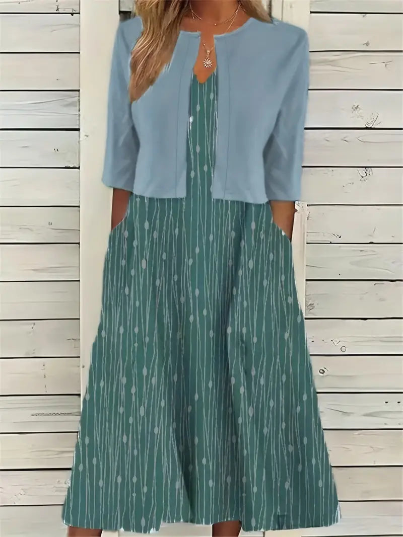 Anna - Elegant Tweedelige Set Effen Kleur Vestje Top en Ronde Halslijn Bloemetjes Jurk