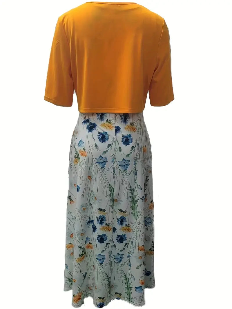Anna - Elegant Tweedelige Set Effen Kleur Vestje Top en Ronde Halslijn Bloemetjes Jurk