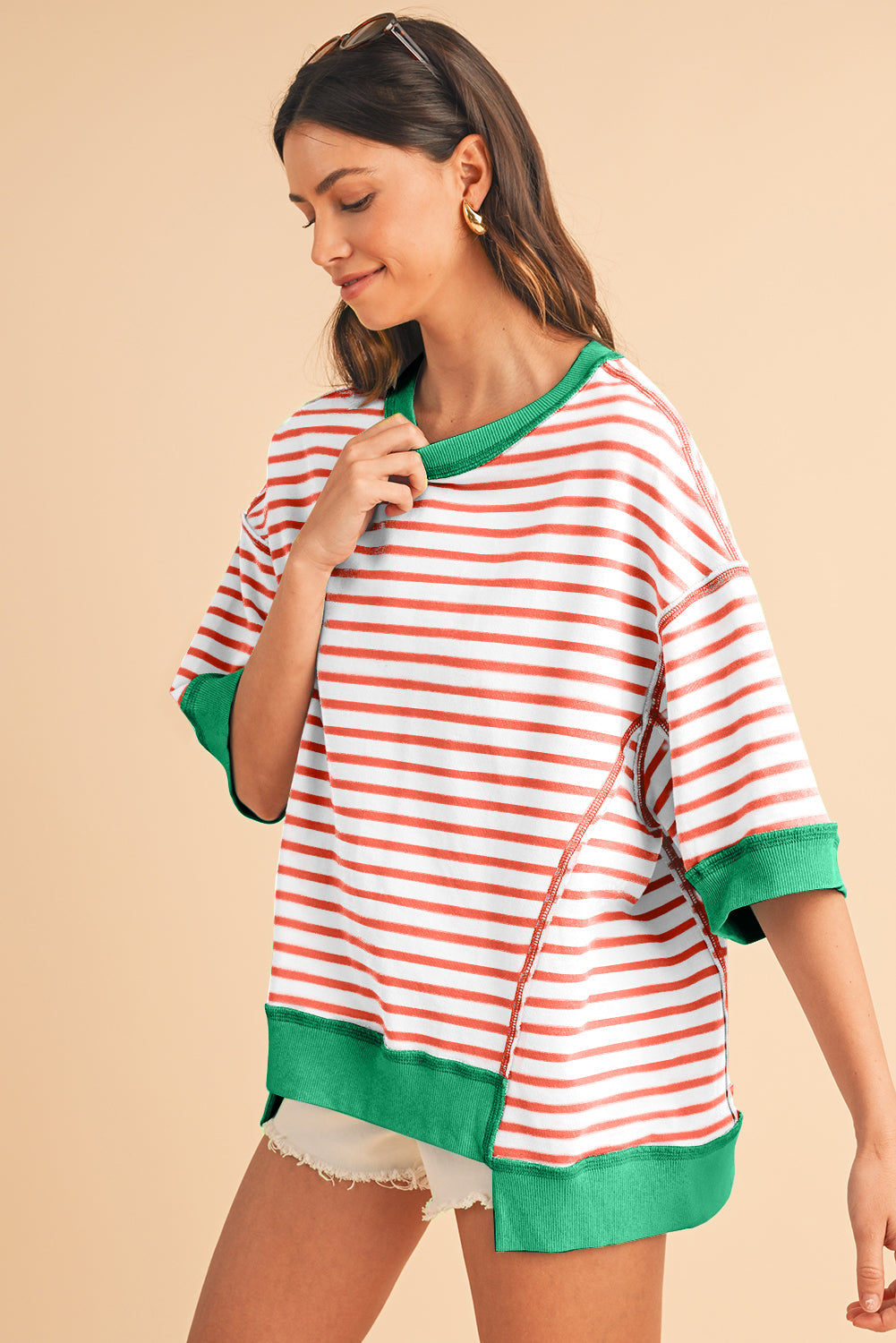 Anna - Horizontaal Gestreept Loose Fit T-shirt met Contrast Trim en Wijde Korte Mouwen