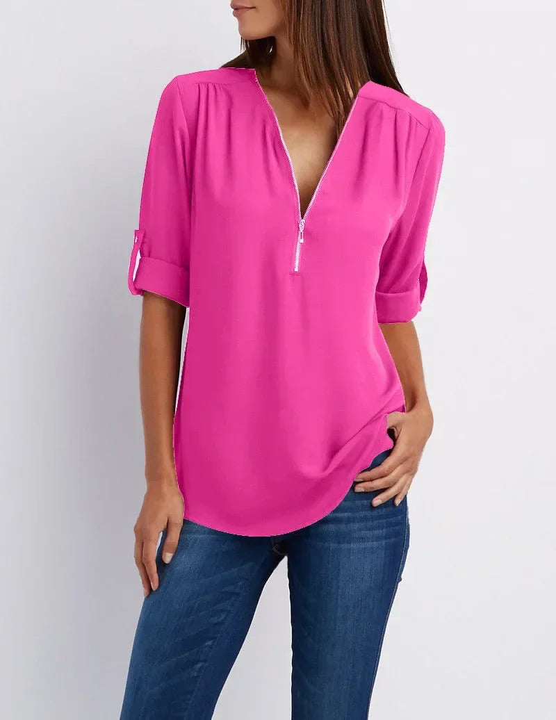 Rowena - Chique V-Hals Blouse met Korte Mouwen