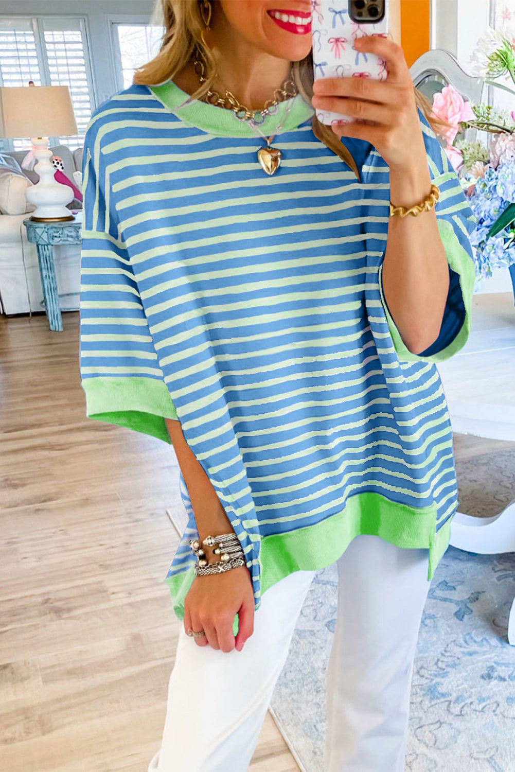 Anna - Horizontaal Gestreept Loose Fit T-shirt met Contrast Trim en Wijde Korte Mouwen