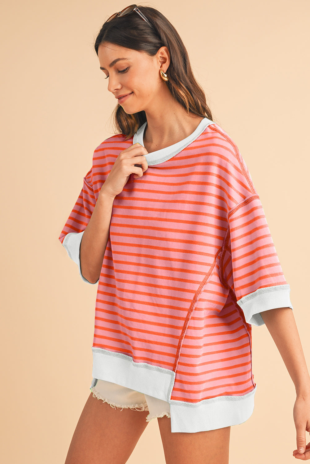 Anna - Horizontaal Gestreept Loose Fit T-shirt met Contrast Trim en Wijde Korte Mouwen
