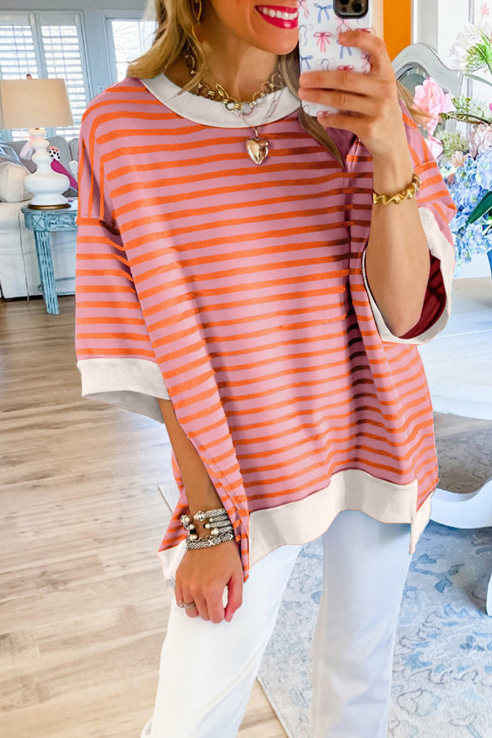 Anna - Horizontaal Gestreept Loose Fit T-shirt met Contrast Trim en Wijde Korte Mouwen