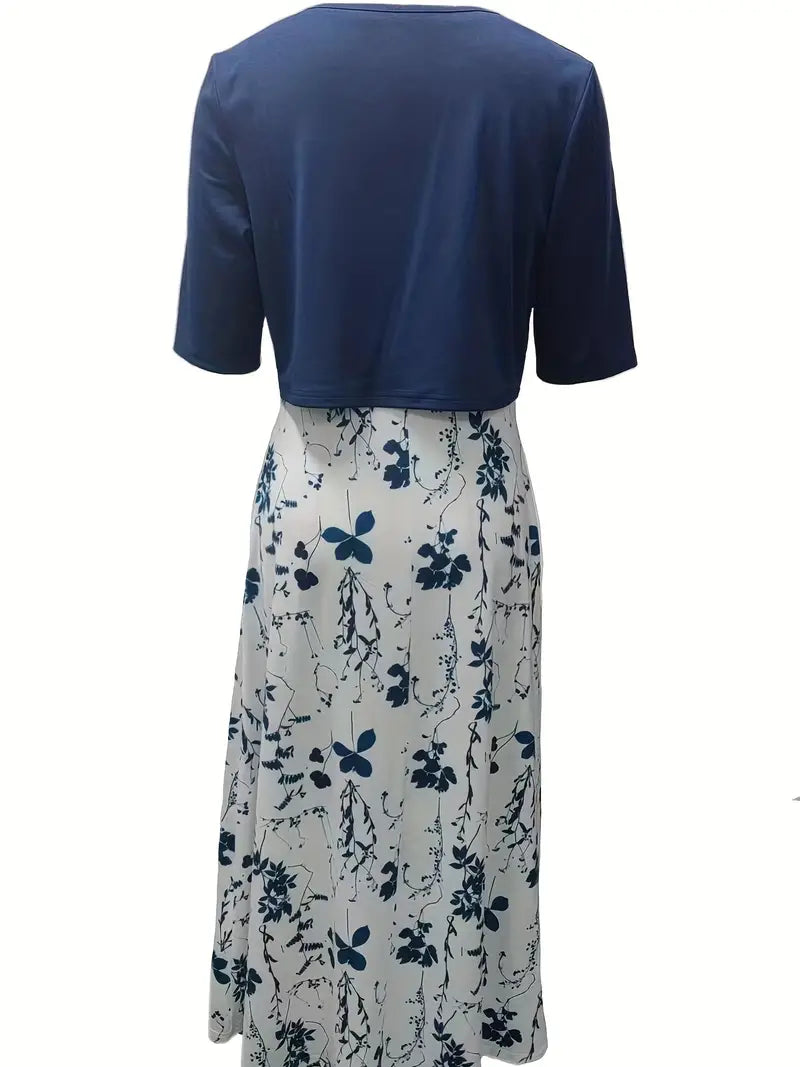 Anna - Elegant Tweedelige Set Effen Kleur Vestje Top en Ronde Halslijn Bloemetjes Jurk