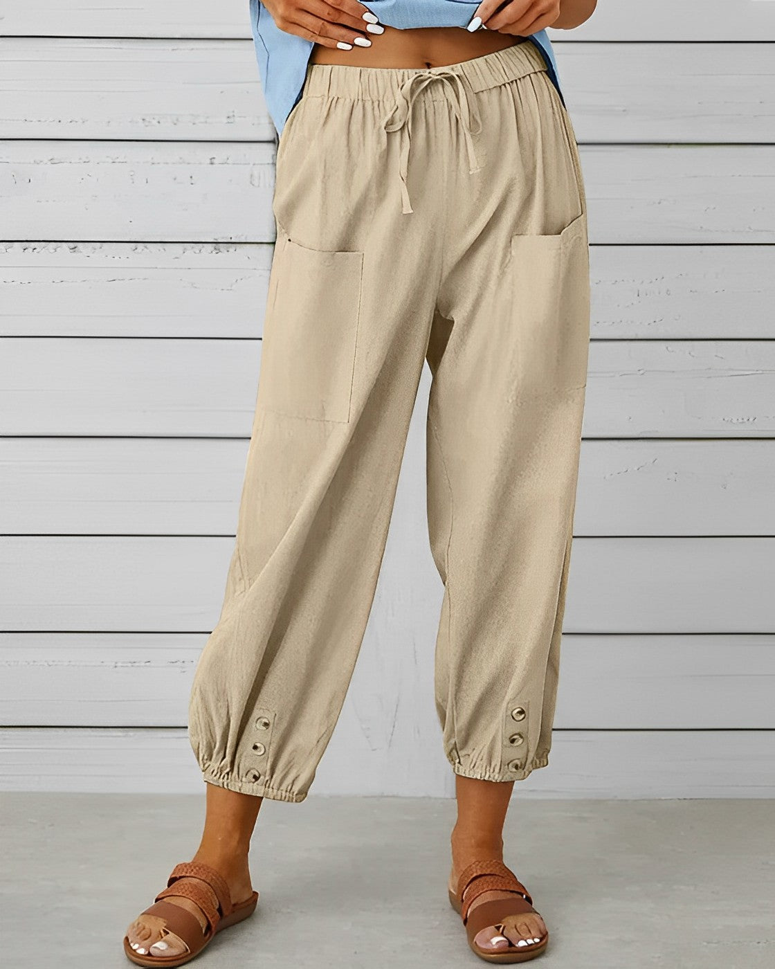 Maya - Wijde Linnen 7/8 Broek met Hoge Taille en Zakken