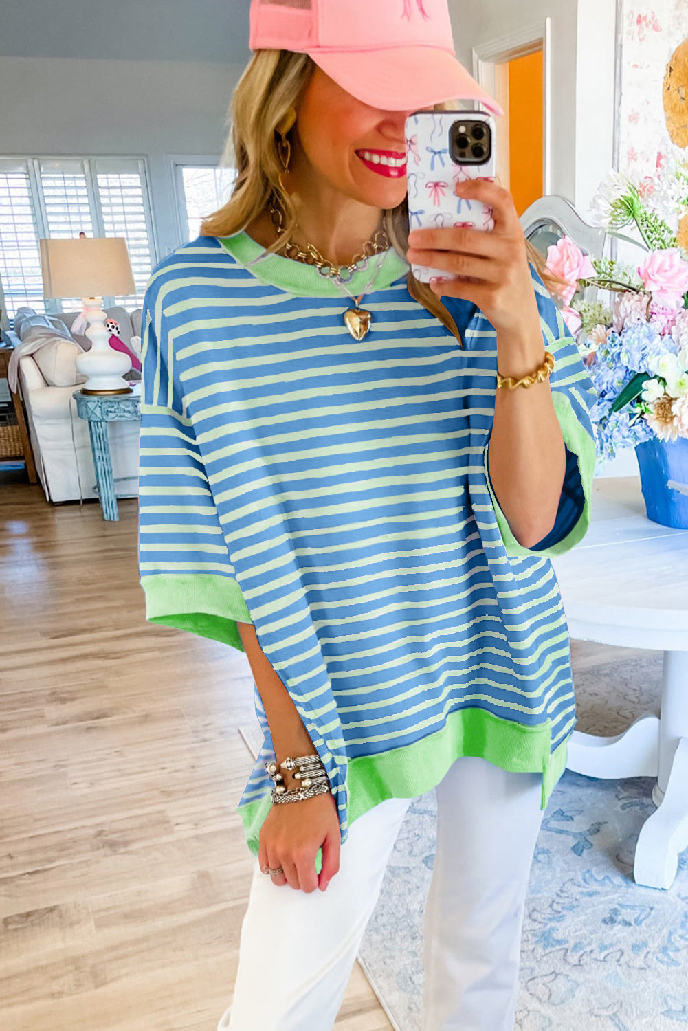 Anna - Horizontaal Gestreept Loose Fit T-shirt met Contrast Trim en Wijde Korte Mouwen