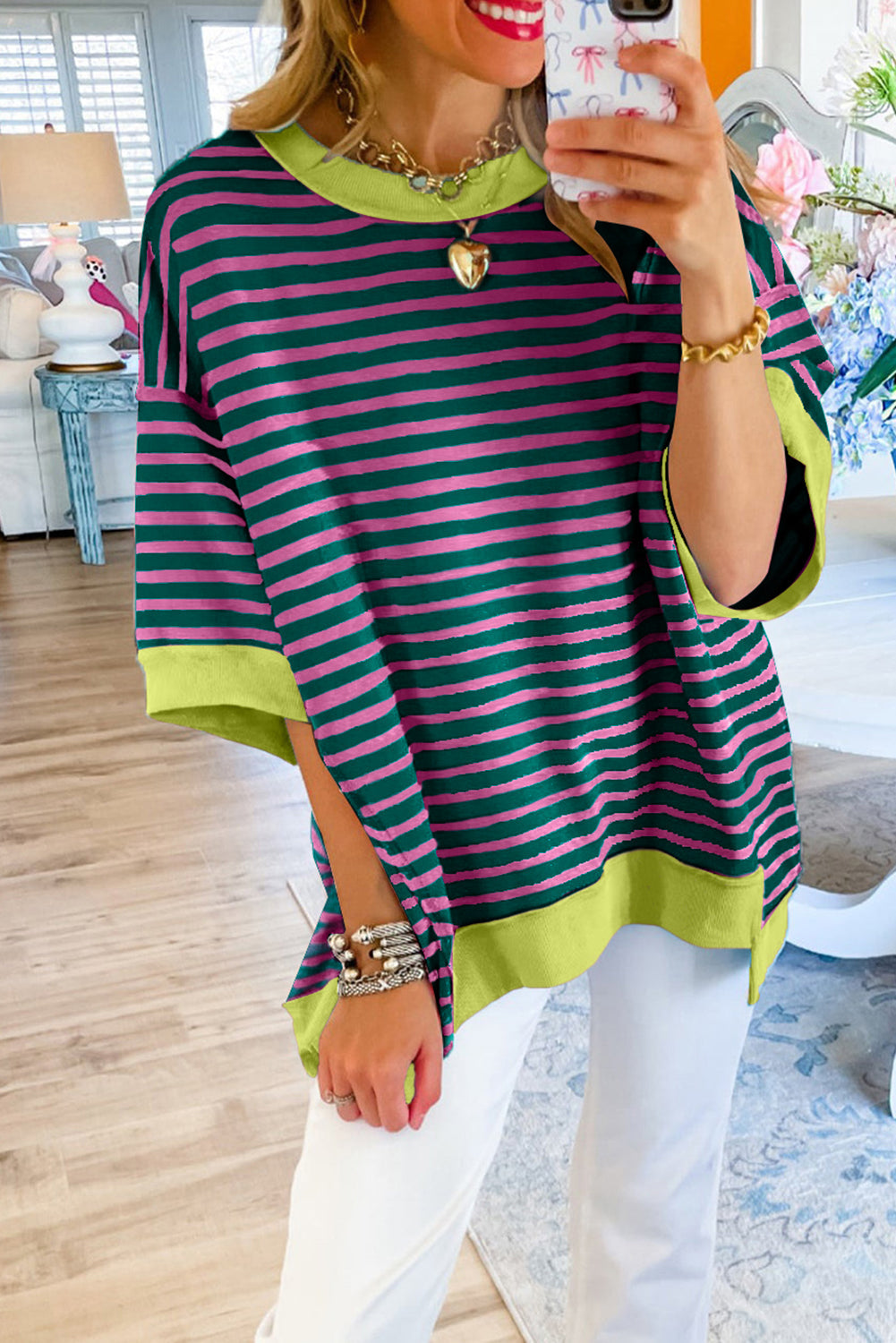 Anna - Horizontaal Gestreept Loose Fit T-shirt met Contrast Trim en Wijde Korte Mouwen