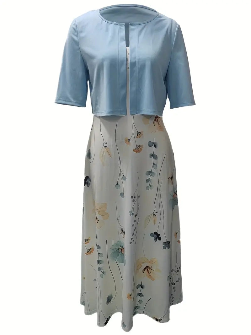 Anna - Elegant Tweedelige Set Effen Kleur Vestje Top en Ronde Halslijn Bloemetjes Jurk
