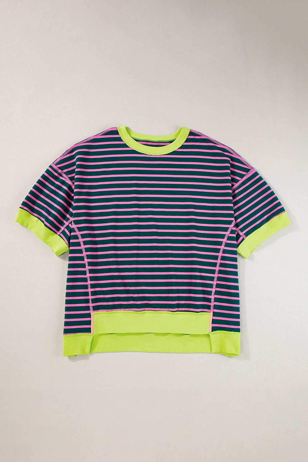 Anna - Horizontaal Gestreept Loose Fit T-shirt met Contrast Trim en Wijde Korte Mouwen