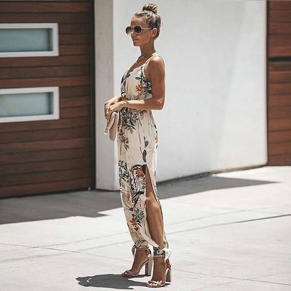 Elka Bloemenprint Losse Maxi Jumpsuit met Tailleband Zijsplits V-Hals en Spaghettibandjes