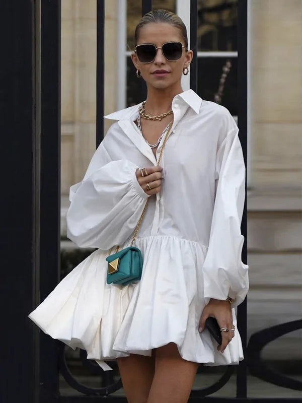 Urban - Witte Gepofte Lange Mouwen Blouse Overhemd Mini Jurk