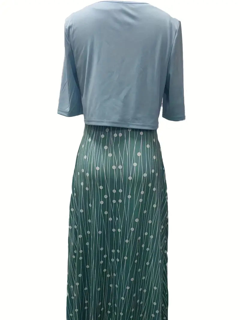 Anna - Elegant Tweedelige Set Effen Kleur Vestje Top en Ronde Halslijn Bloemetjes Jurk