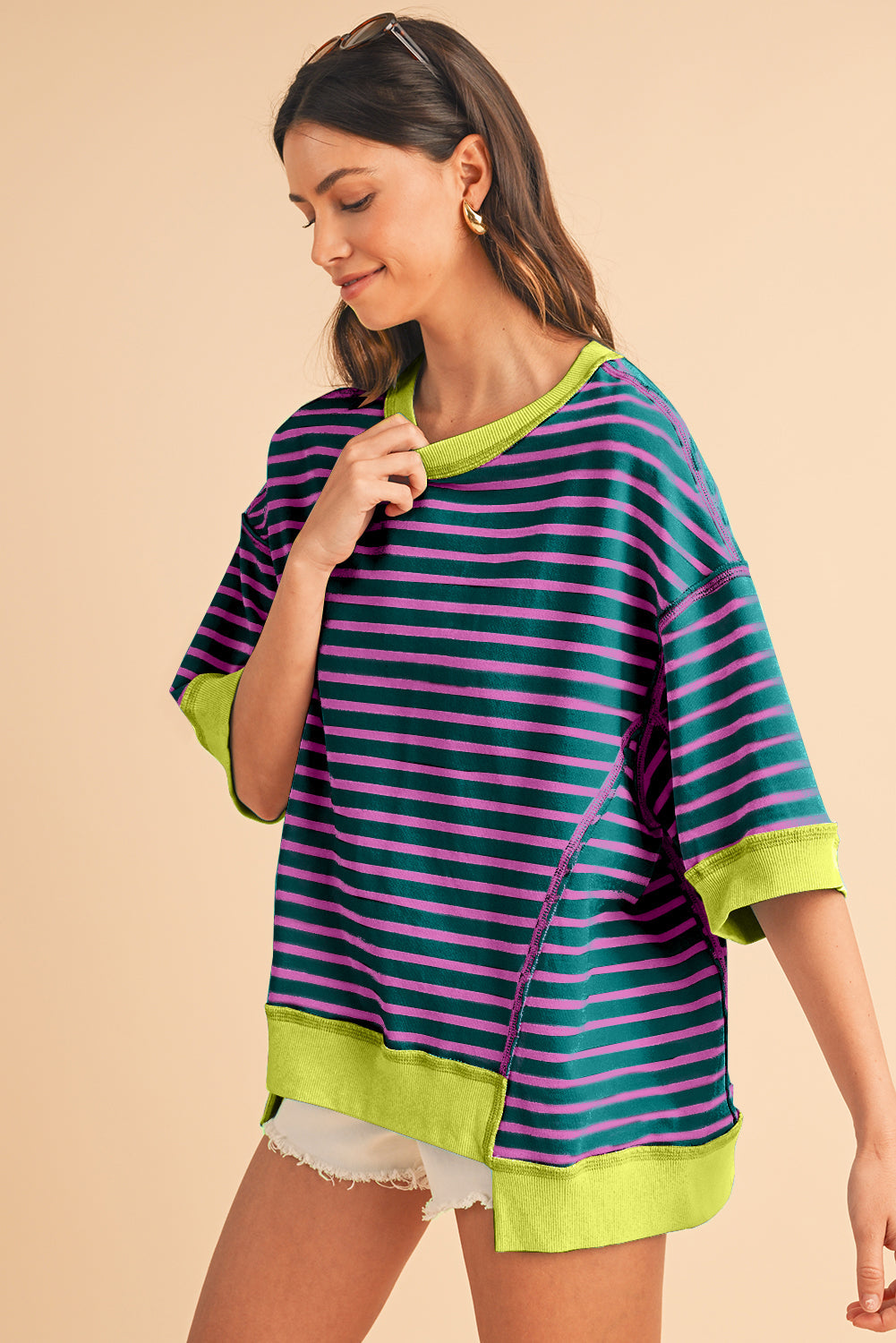 Anna - Horizontaal Gestreept Loose Fit T-shirt met Contrast Trim en Wijde Korte Mouwen