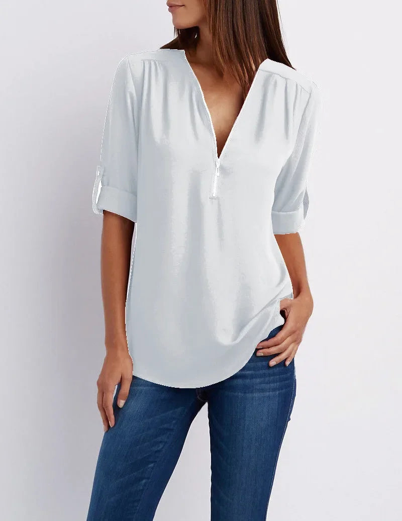 Rowena - Chique V-Hals Blouse met Korte Mouwen