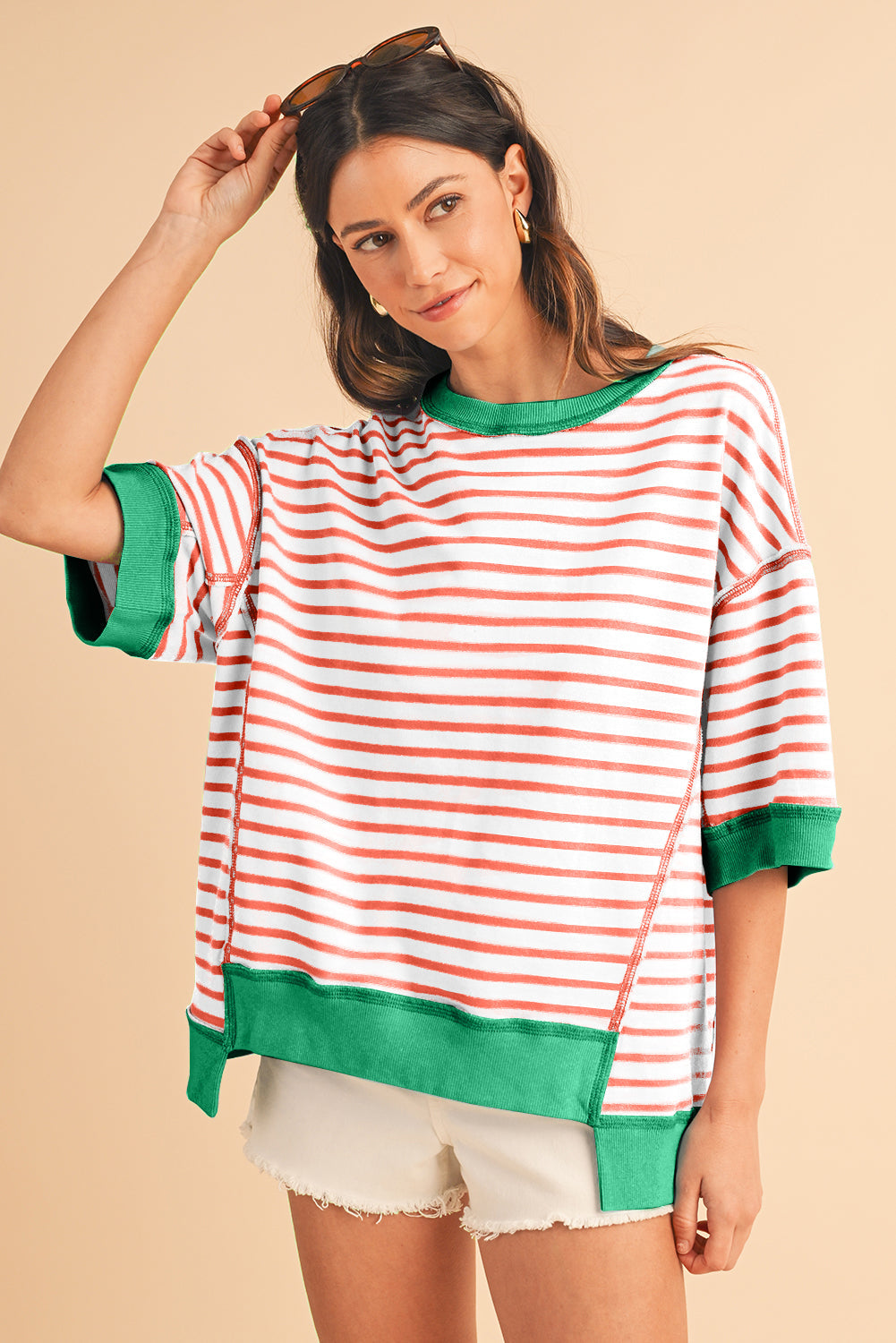 Anna - Horizontaal Gestreept Loose Fit T-shirt met Contrast Trim en Wijde Korte Mouwen