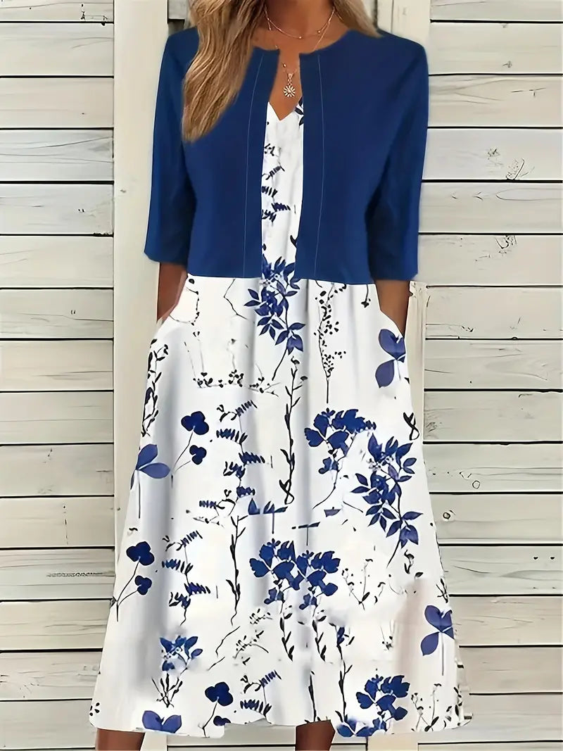 Anna - Elegant Tweedelige Set Effen Kleur Vestje Top en Ronde Halslijn Bloemetjes Jurk