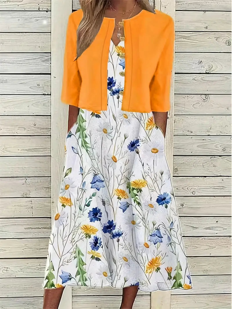 Anna - Elegant Tweedelige Set Effen Kleur Vestje Top en Ronde Halslijn Bloemetjes Jurk