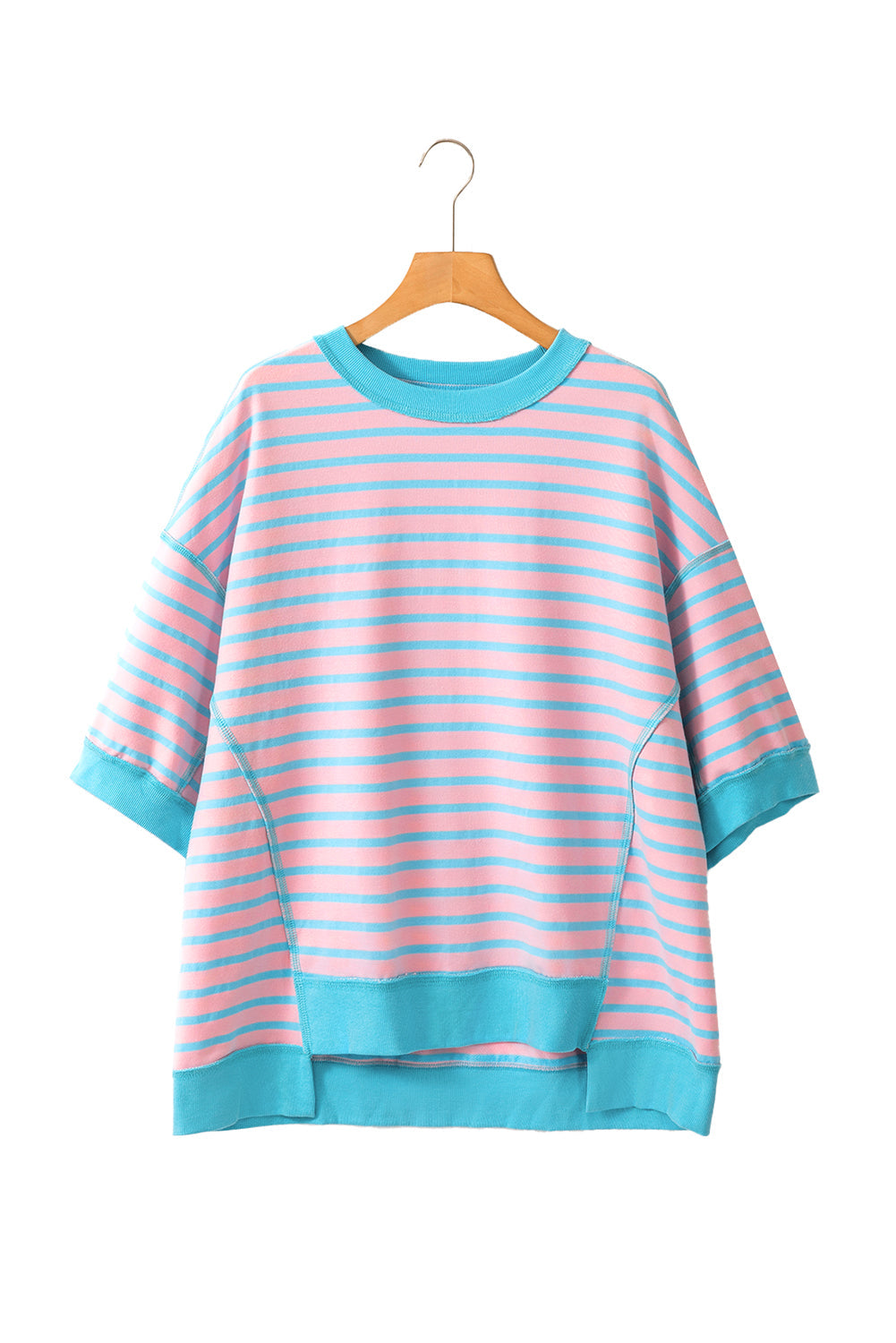 Anna - Horizontaal Gestreept Loose Fit T-shirt met Contrast Trim en Wijde Korte Mouwen