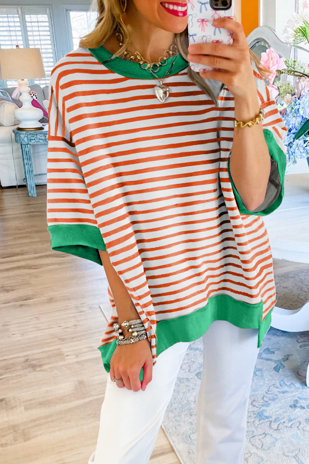Anna - Horizontaal Gestreept Loose Fit T-shirt met Contrast Trim en Wijde Korte Mouwen