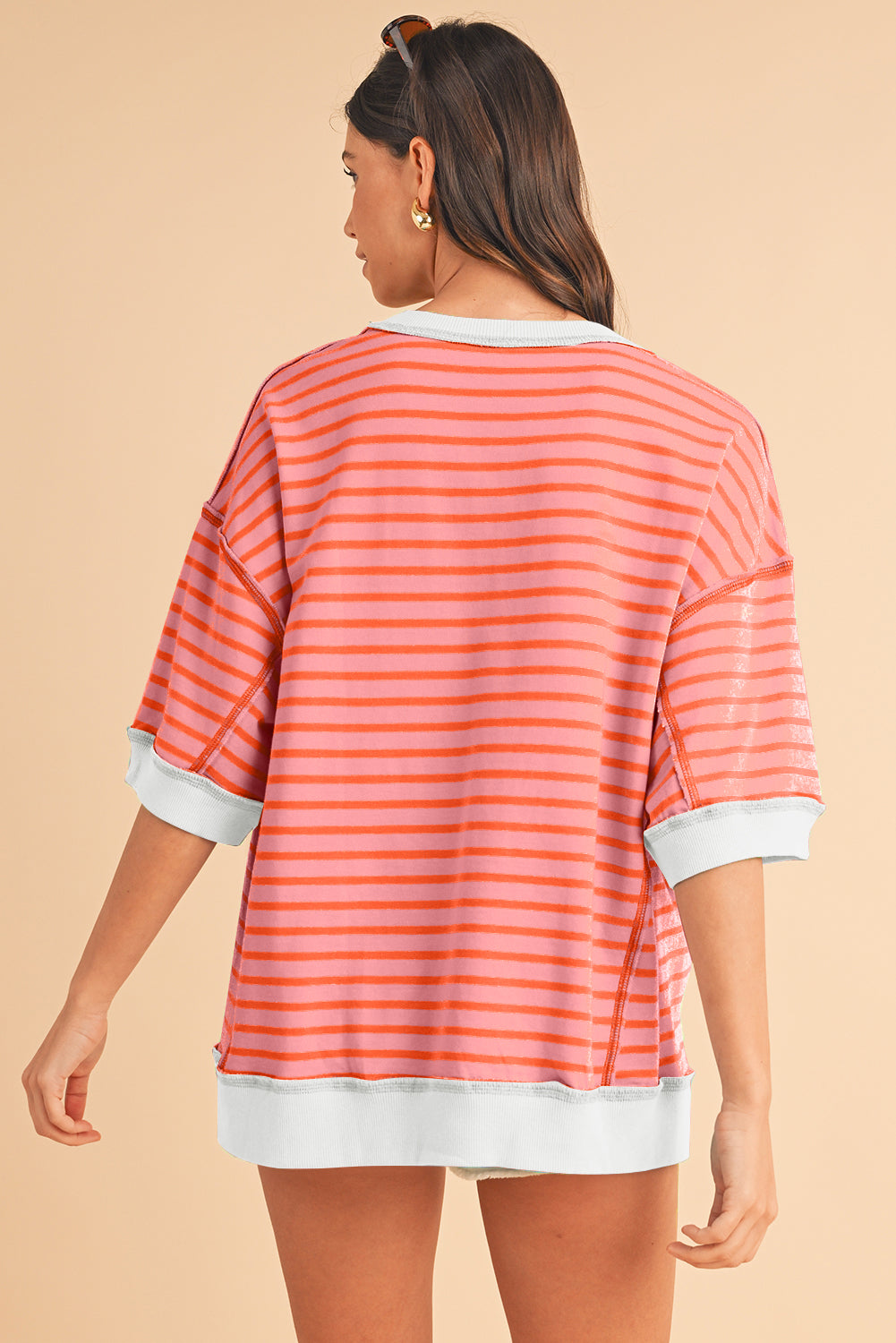 Anna - Horizontaal Gestreept Loose Fit T-shirt met Contrast Trim en Wijde Korte Mouwen