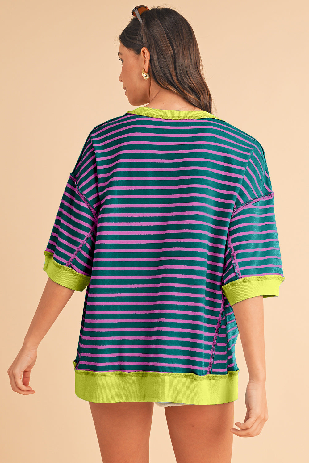 Anna - Horizontaal Gestreept Loose Fit T-shirt met Contrast Trim en Wijde Korte Mouwen
