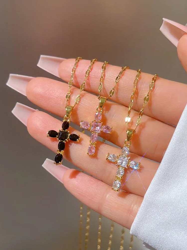 Jorienne - Zirkonia Kruis Ketting Goud Wit/Roze/Zwart