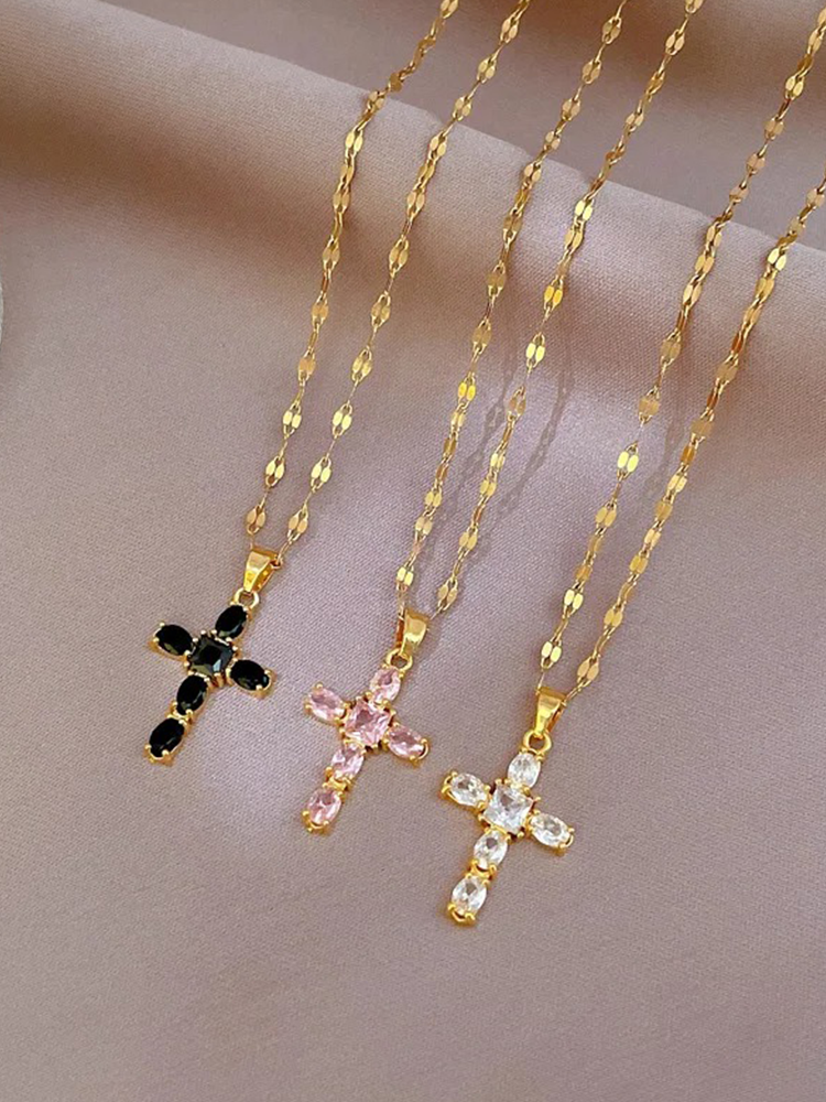 Jorienne - Zirkonia Kruis Ketting Goud Wit/Roze/Zwart
