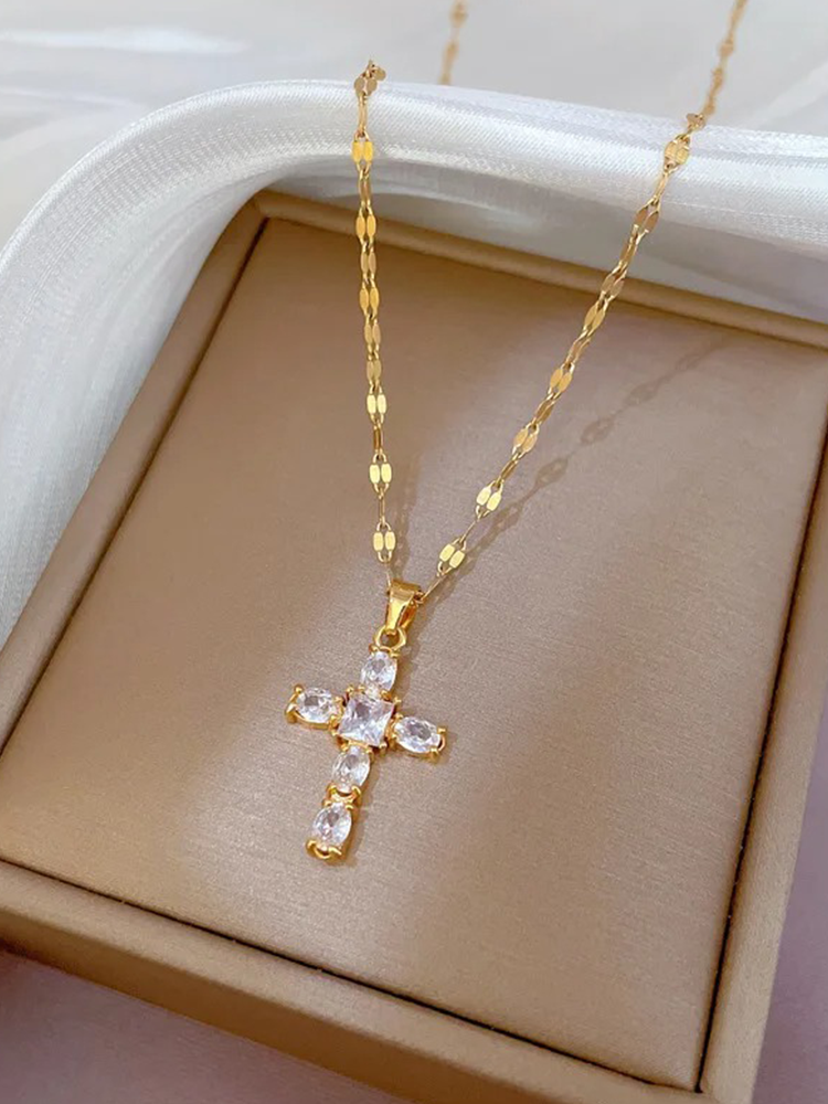 Jorienne - Zirkonia Kruis Ketting Goud Wit/Roze/Zwart