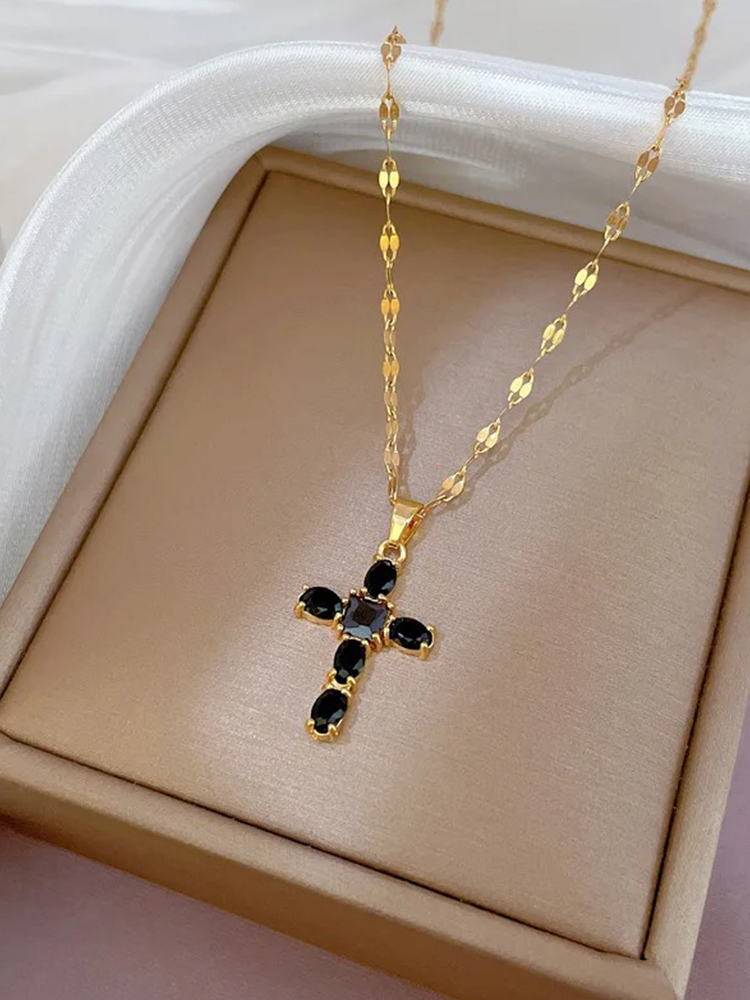 Jorienne - Zirkonia Kruis Ketting Goud Wit/Roze/Zwart