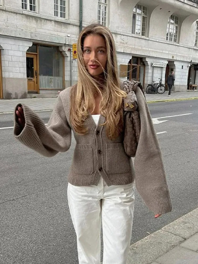 Marijke - Cardigan Sweater voor Dames | Vest met Zakken voor Vrouwen | Knoopvest in Khaki