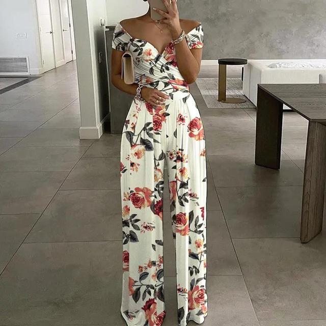 Holly - Maxi jumpsuit print off-shoulder v-hals