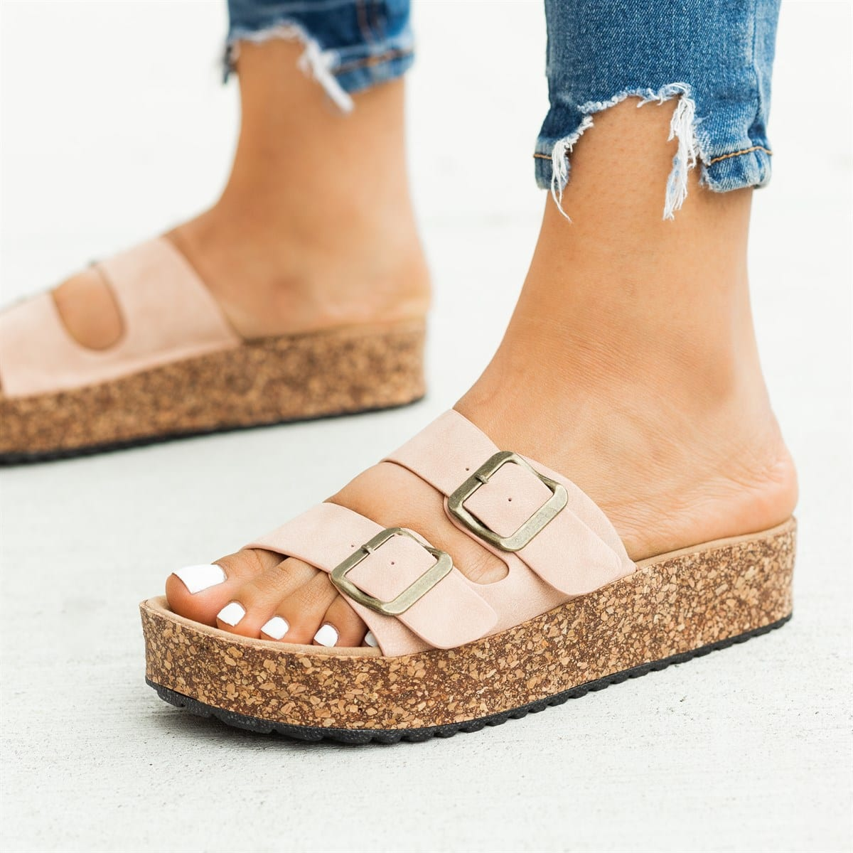 Ida - Zachte kalmte Blush Pink Platform Sandalen met Kurk Details