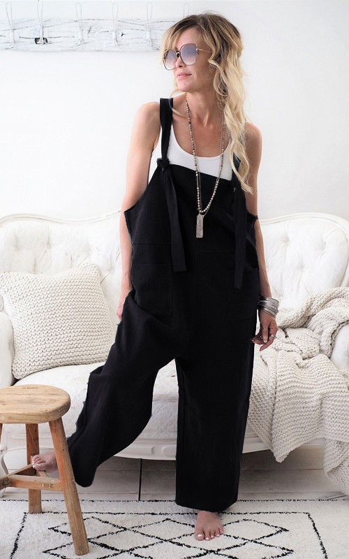 Clairye - Zwarte Katoen-Linnen Jumpsuit met Zakken